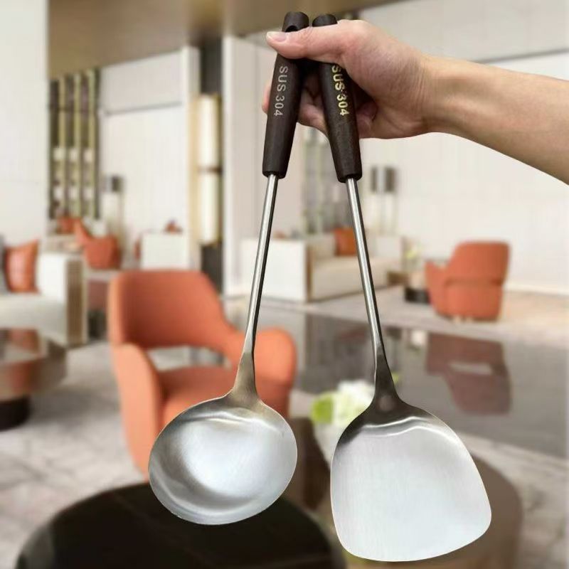 防菌不锈钢锅铲汤勺漏勺木柄炒菜用的铁铲子厨房用品厨具全套