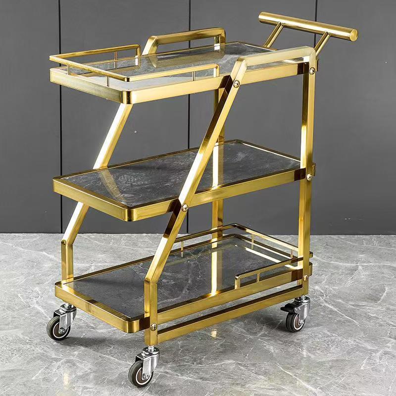 轻奢不锈钢岩板三层手推车餐厅服务车上菜车KTV点心零食实木餐车