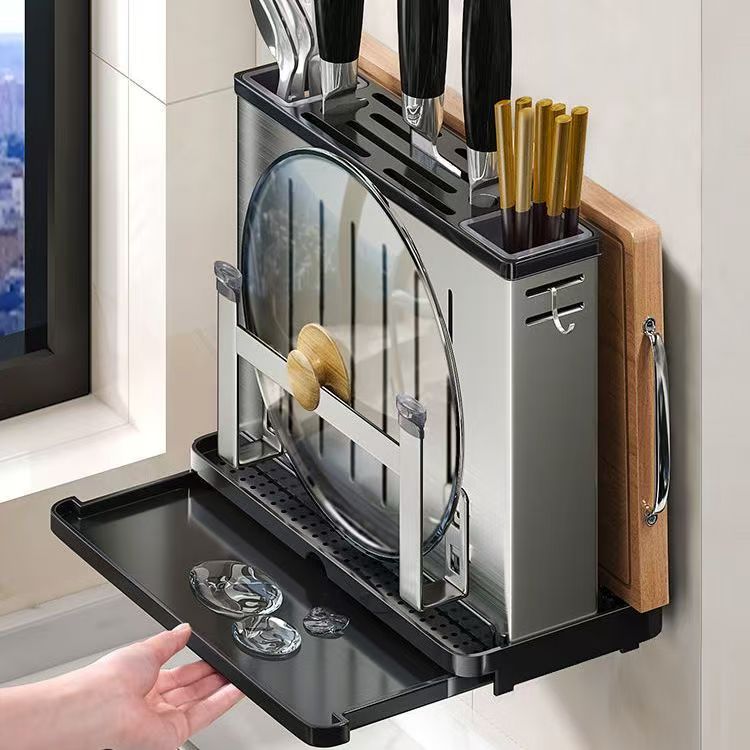多功能菜板不锈钢刀架厨房刀具筷子砧板锅盖收纳置物架一体菜刀