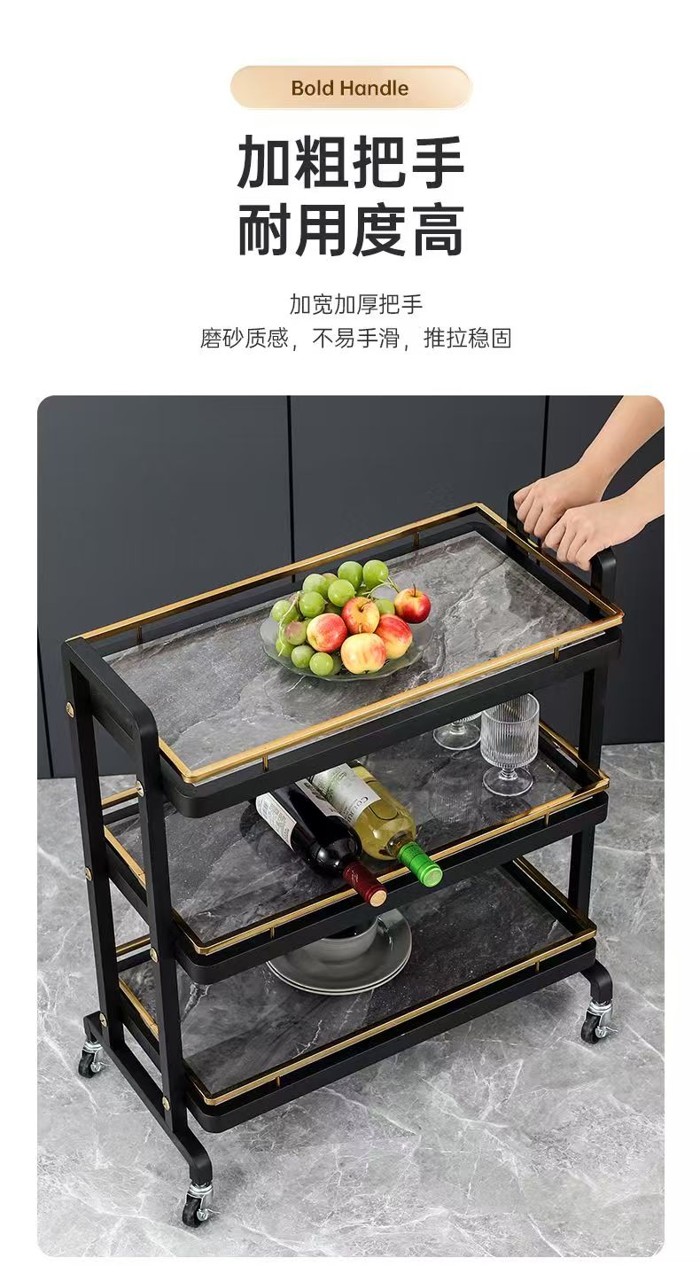 不锈钢国风轻奢岩板系列三层火锅菜架车酒店餐桌推车置物架餐车