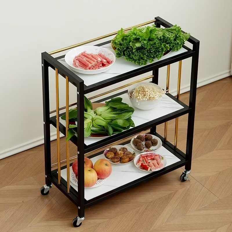 火锅店铁艺菜架三层厨房置物架落地多层蔬菜架子轮子商用不锈钢架