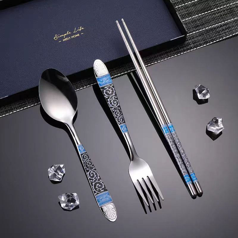 不锈钢加厚勺叉饭店食堂西餐勺叉成人学生高温印花勺子叉子