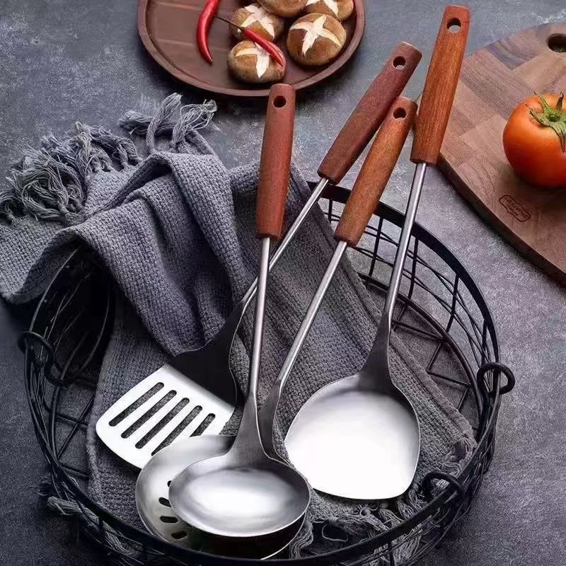 家用加厚不锈钢锅家用加厚不锈钢锅铲勺子炒勺厨房铲子汤勺厨具木柄套装