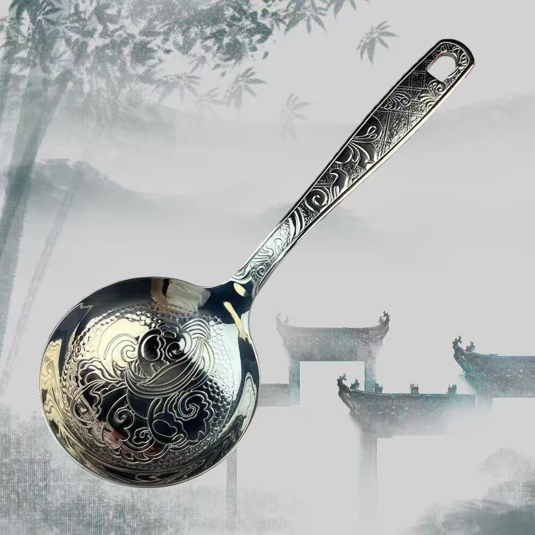 古典锤纹浮雕花纹大汤勺火锅勺子家用盛汤长柄勺子复古