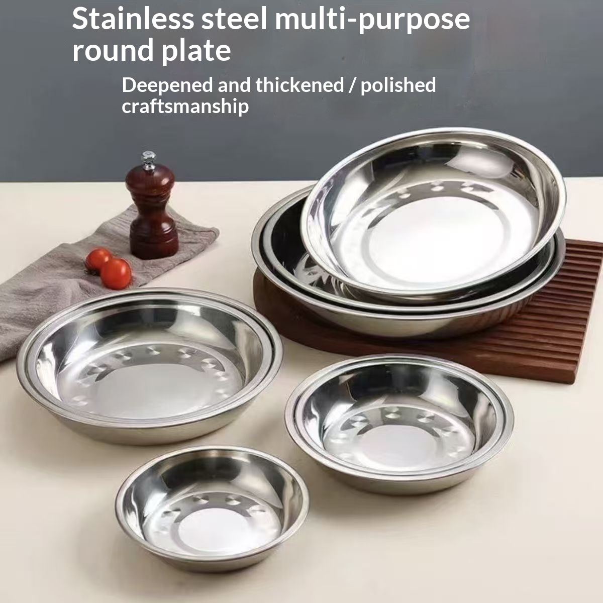 不锈钢盘装菜盘圆盘子家用无磁食品级加厚圆形盘