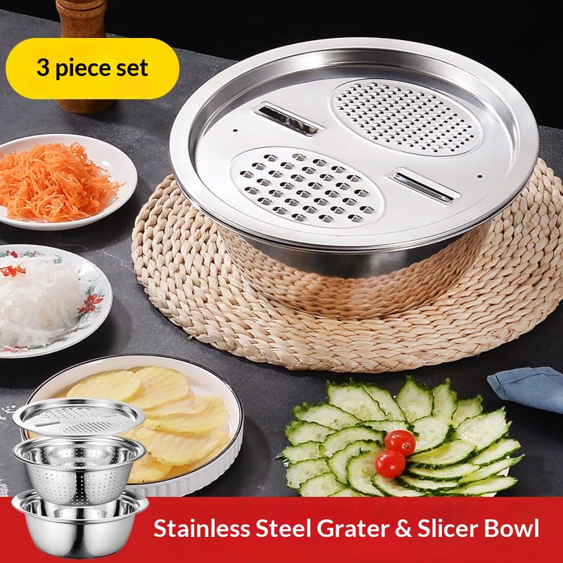 不锈钢刨丝器厨房多功能擦丝盆家用洗菜盆面盆切丝神器三件套