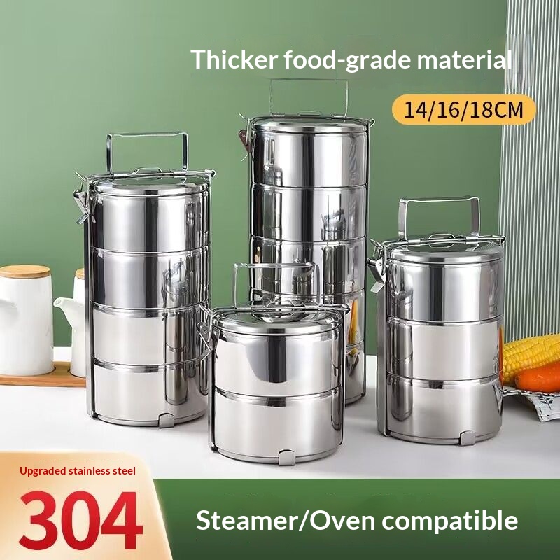 双层中空不锈钢饭盒大容量保温饭盒便当盒2/3/4层圆形学生便当盒