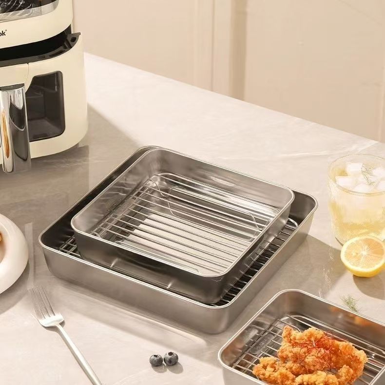 不锈钢油炸食品盘子炸鸡沥油盘带网炸串控油盘滤水滤油网红小吃盘