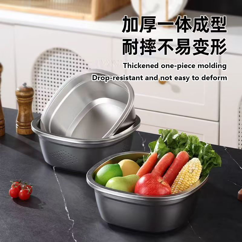 不锈钢沥水篮方形沥水盆厨房家用和面盆水果蔬菜淘米盆沙拉盆